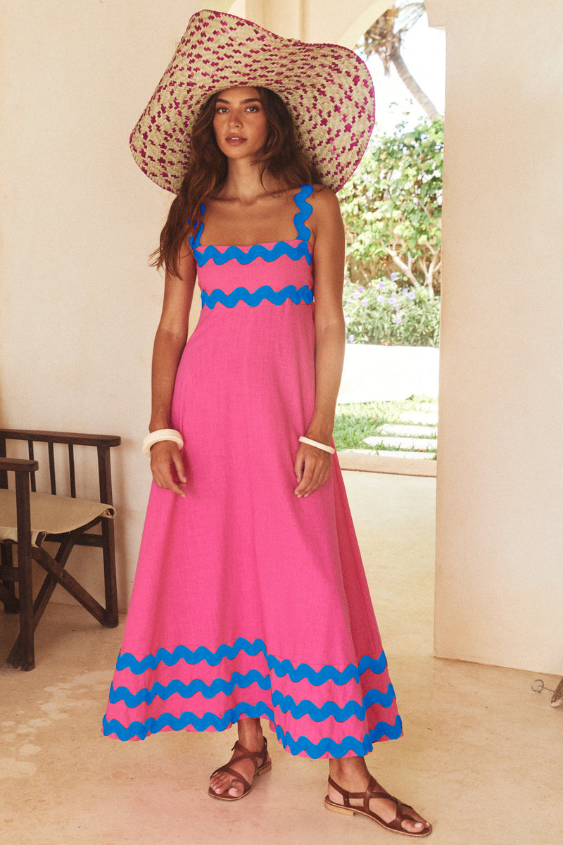 Flowers Print Wavy Pattern Suspender Long Dress For Women Fashion