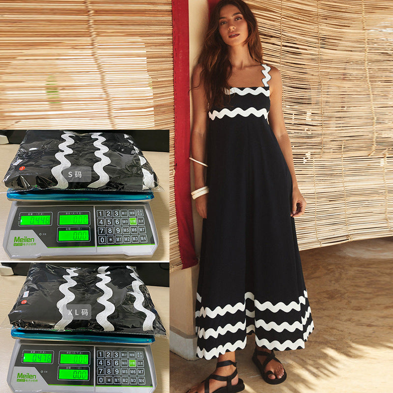 Flowers Print Wavy Pattern Suspender Long Dress For Women Fashion